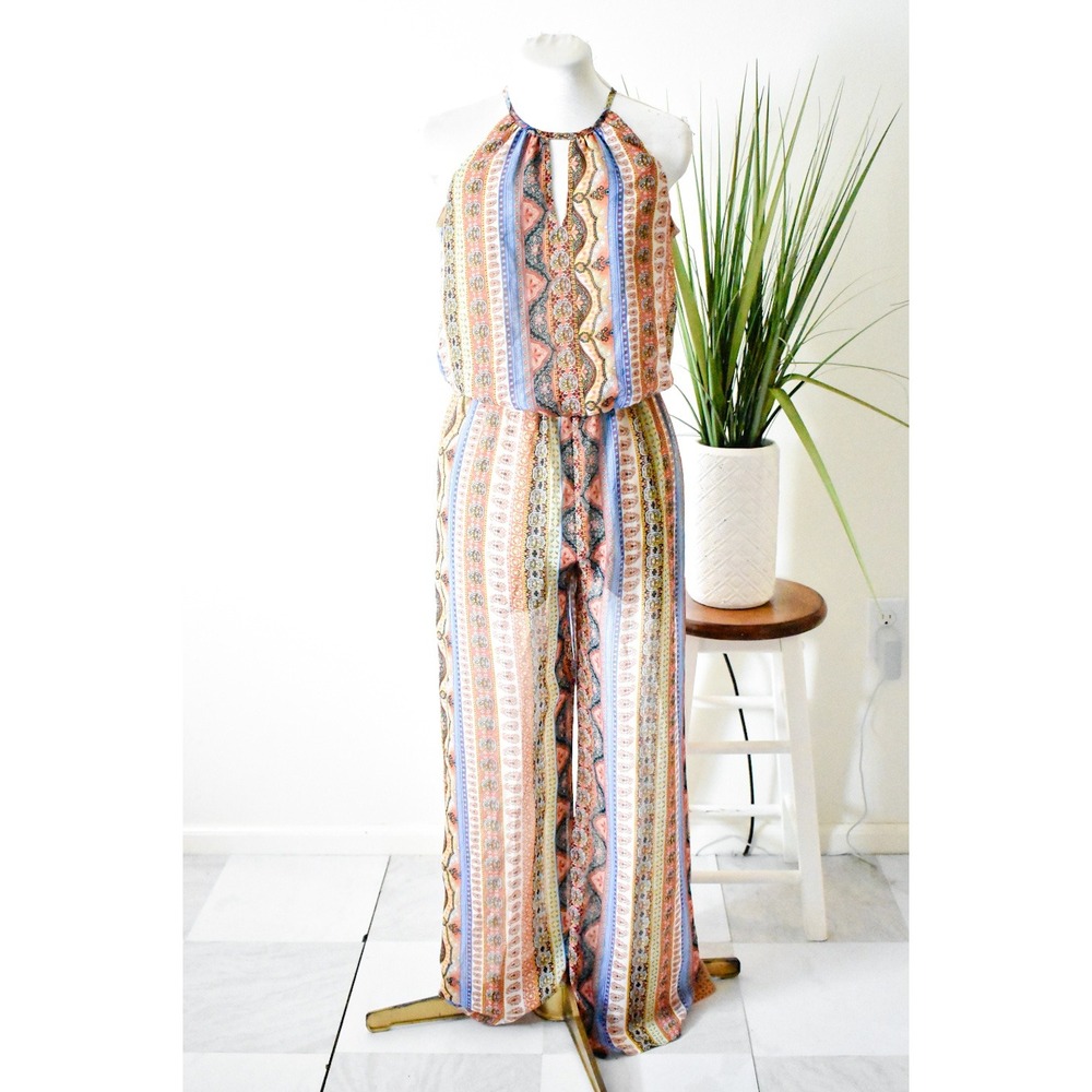 Mimi Chica Jumpsuit Women XS Orange Blue Paisley Boho Wide Leg Halter Open Back